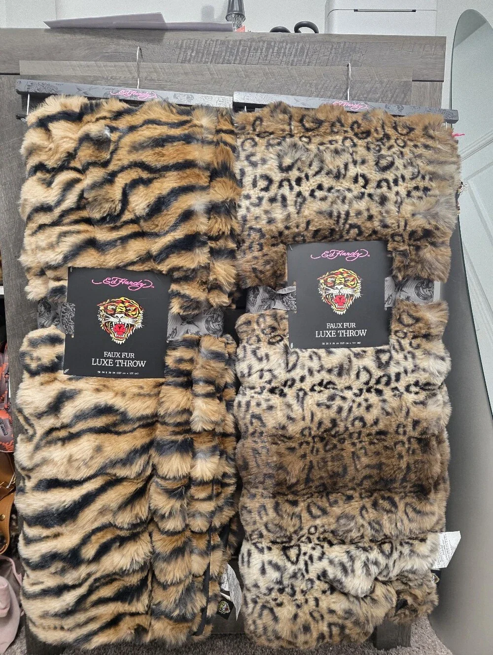 Set Of 2 Ed Hardy Faux Fur Luxe Throw Blankets Leopard & Tiger Print